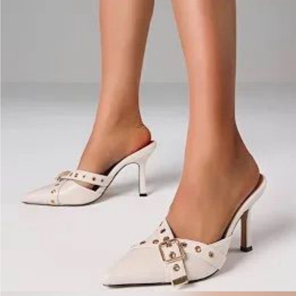 Women's Beige Pointed-Toe Mule Heels With Buckle